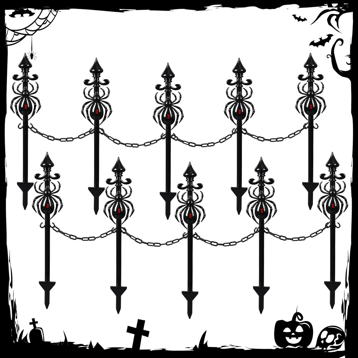 10 Pack Halloween Fence for Garden Outdoor Halloween Yard Decorations Lawn Stake with Connecting Chain Spooky Cemetery Decor for Outdoor Yard Graveyard Pathway Haunted House Party(Spider)