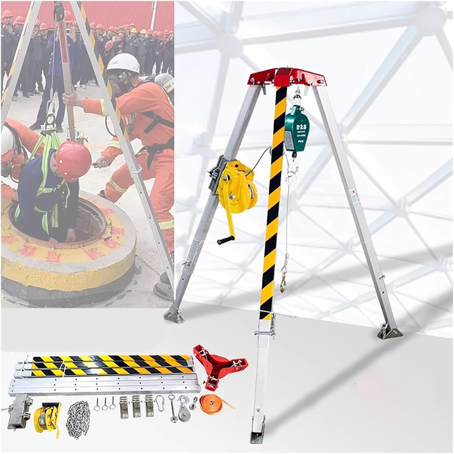 Portable Fall Arrest Kit - Aluminum Rescue Tripod for Confined Spaces, 2600lbs Capacity, Emergency Fall Protection & Lifting System with Winch & Safety Belt