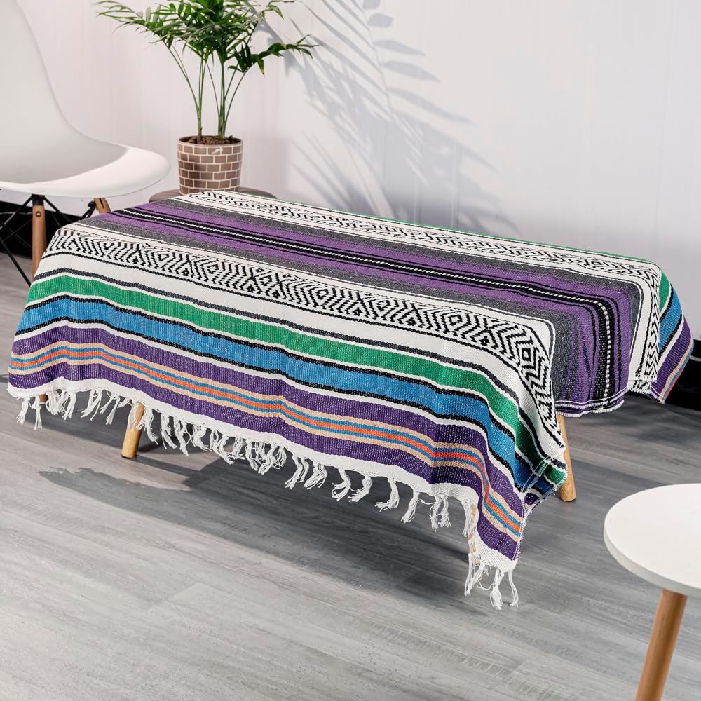 Mexican Blanket Throw with Tassels, 69 x 51 Inches Large Woven Serape Blanket, Boho Striped Picnic Yoga Beach Blanket, Soft Durable Tribal Falsa Blanket for Couch Outdoor Travel - Purple-Blue
