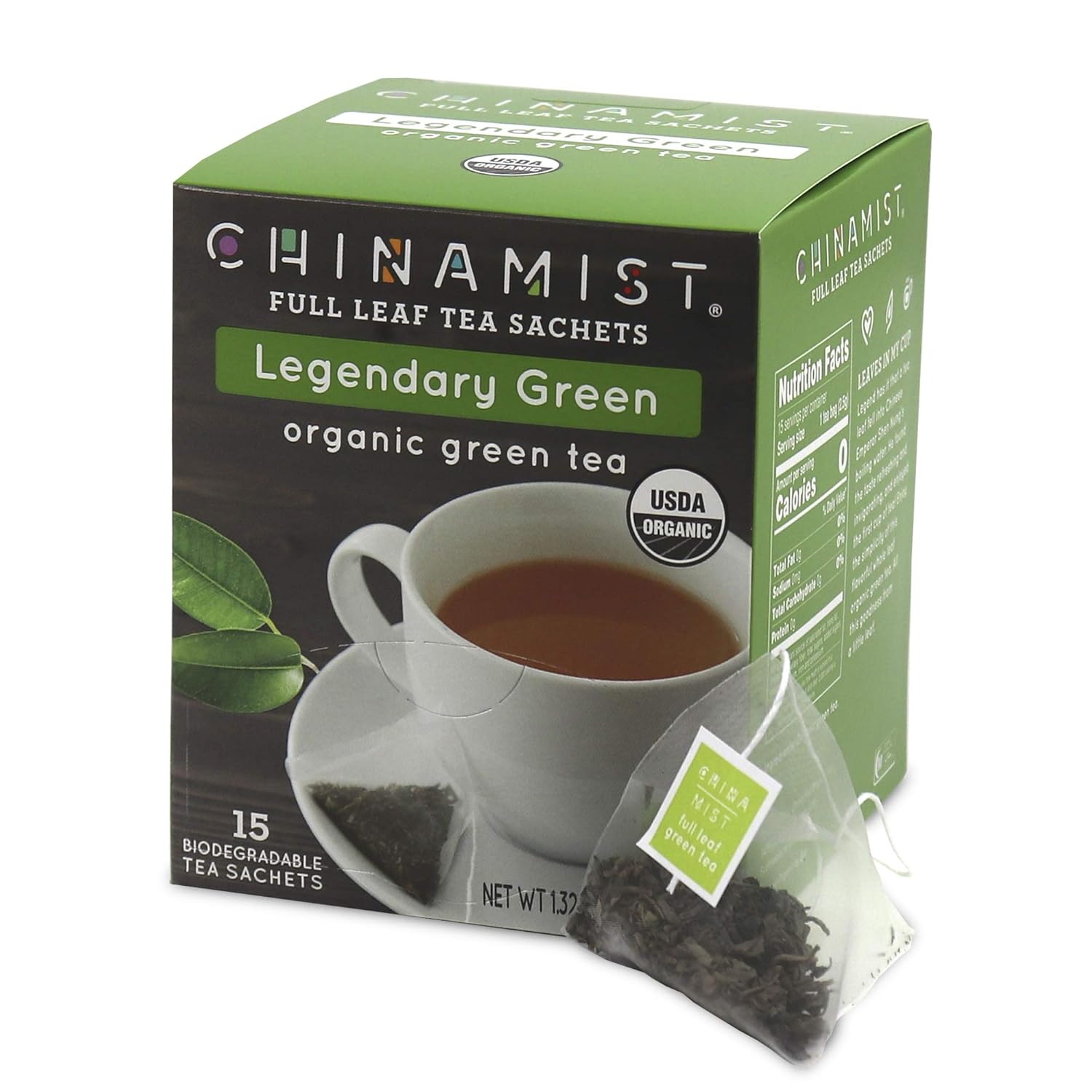 China Mist - Legendary Green Organic Full Leaf Tea Sachet, 15 count box - Biodegradable and Individually Wrapped (6 Pack)