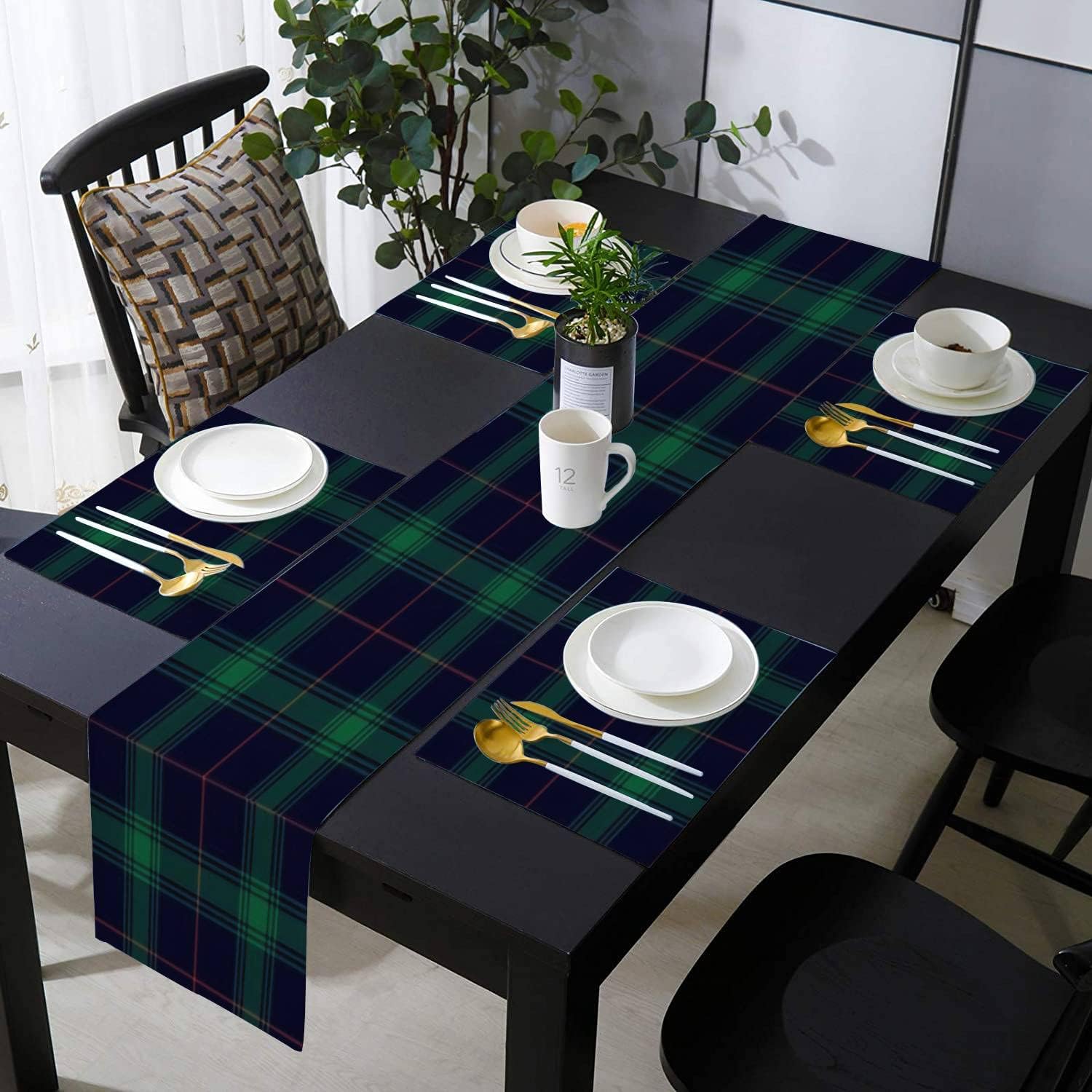 Modern Table Runner and Placemats Set Tartan Plaid Christmas in Green red Navy Blue Dark Classic Large Table Mat Heat Resistant Set for Dining Table Dinner Parties Decor Easy Clean