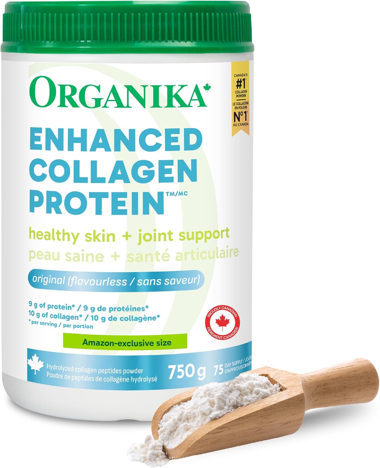 Organika Canadian-Made Enhanced Collagen Powder – for Healthy Hair, Skin, Nails, and Joints. Hydrolyzed Protein Peptides for Better Absorption- Grass-Fed, Non-GMO- Unflavoured- 750g