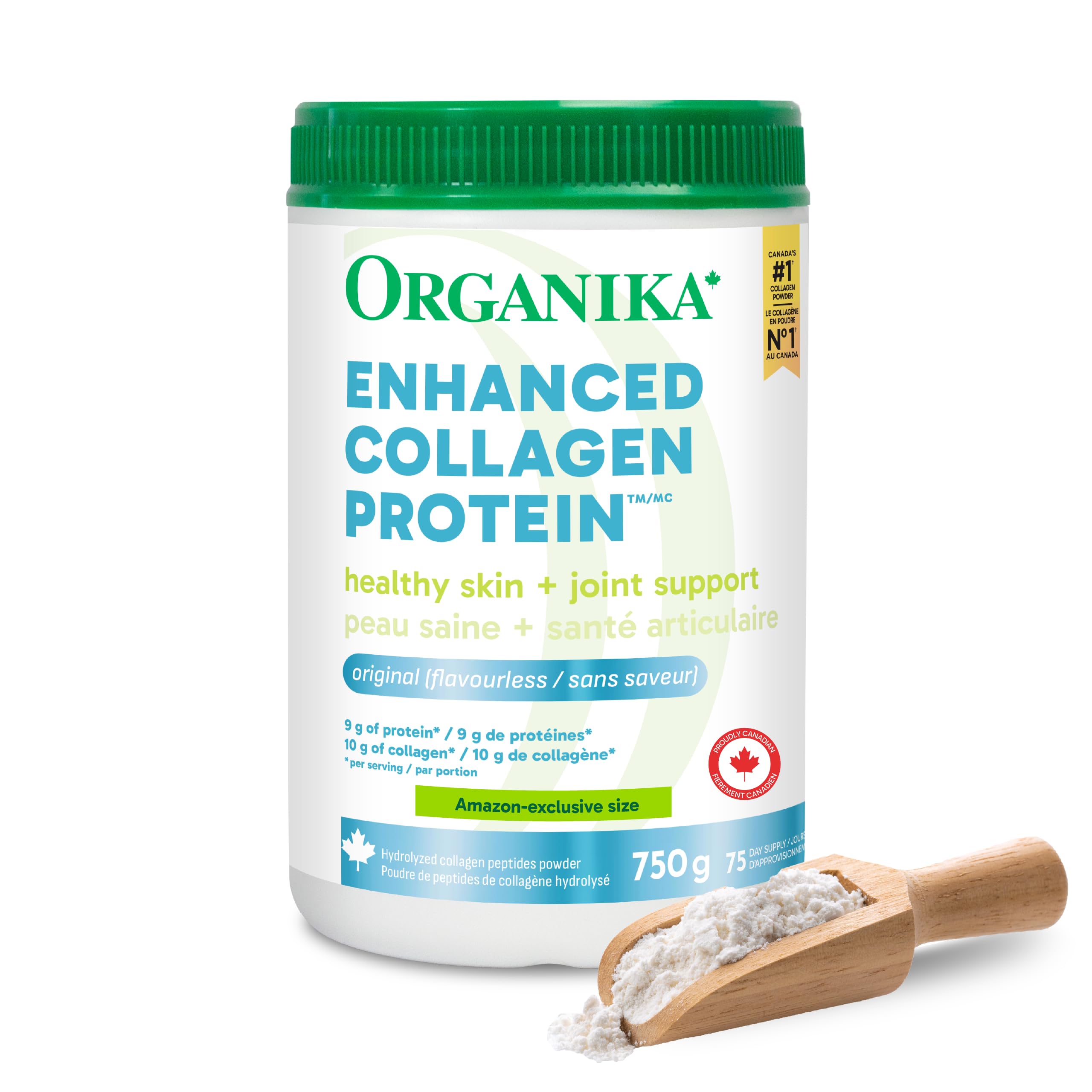 Organika Canadian-Made Enhanced Collagen Powder - for Healthy Hair, Skin, Nails, and Joints. Hydrolyzed Protein Peptides for Better Absorption- Grass-Fed, Non-GMO- Unflavoured- 750g