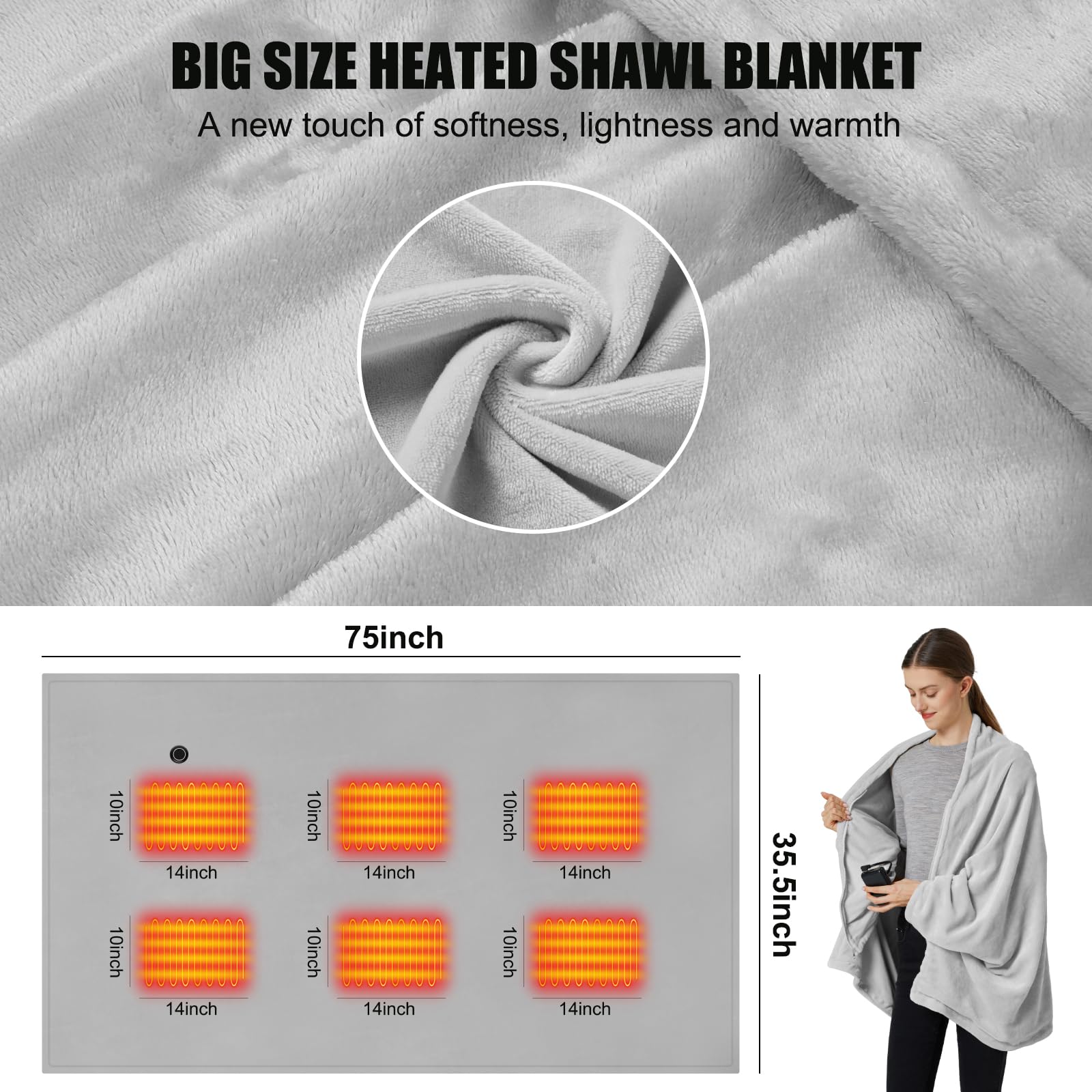 Coperta Riscaldante USB Senza Fili 165x90cm - Batteria 10000mAh, 6 Zone Calore, 3 Temperature - Foto 6