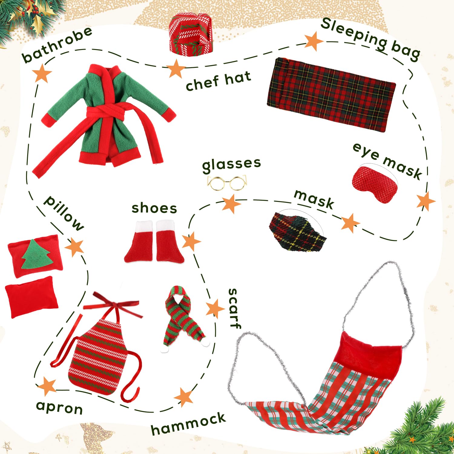 Weihnachtswichtel Zubehör Set | 13 Teile | Inkl. Hängematte, Schlafsack, Schürze & Mehr