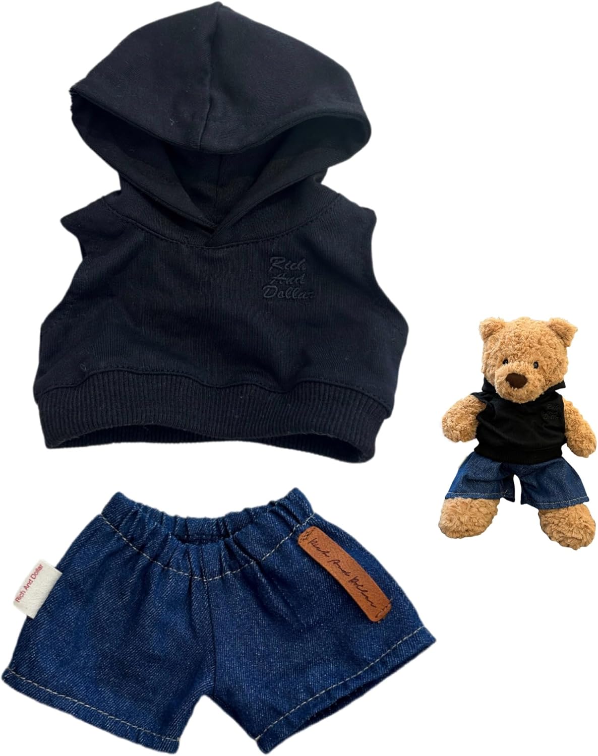 9-12"/30cm Teddybear Clothes Outfit: Black Hoodie + Denim Shorts Set for 12" Bashful Bunny, 11" Bumblybear,Medium Bartholomew Bear(NO Doll)