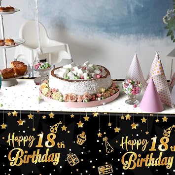 2 Pack Black Gold Table Cloth Cover Happy 18th Birthday Tablecloth Party Tablecloths Rectangular Table Cloth Cover for Indoor or Outdoor Parties Birthdays