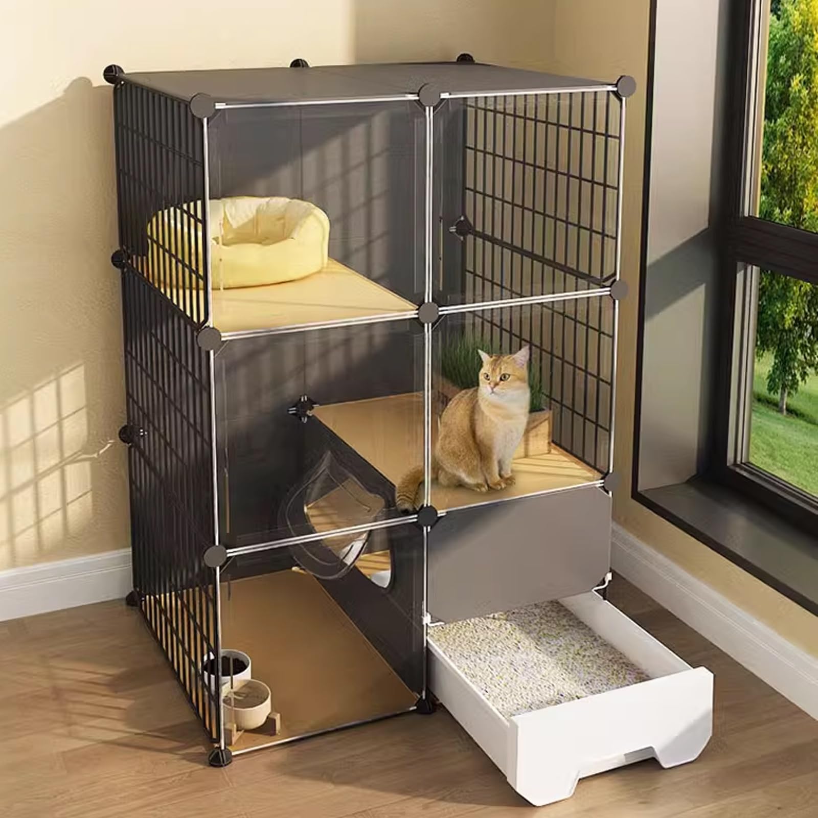 Cage d'intérieur pour chat avec litière isolée contre les odeurs et salissures