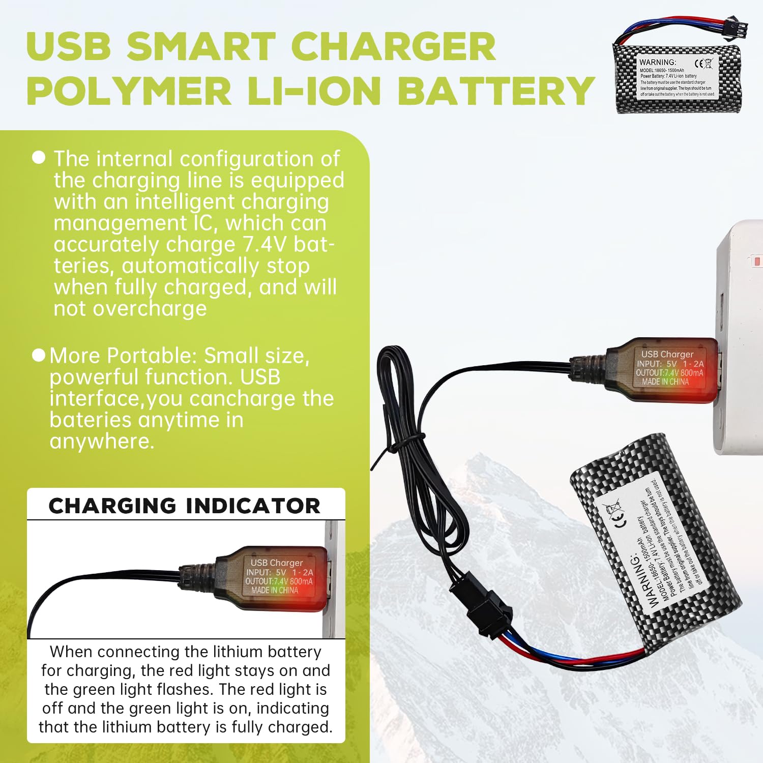 2PCS 7.4V 1500mAh SM-3P Plug Batterie & câble de Charge USB pour DE43 DE60 RC Racing RC Car Battery 1575 Dump Truck Construction Vehicle Toy Car