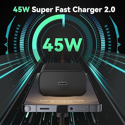Miniatura 6 de Cargador súper rápido USB C de 45 W para teléfono Android tipo C, bloque de carga rápida con cable de carga de 12 pies para Samsung Galaxy S25