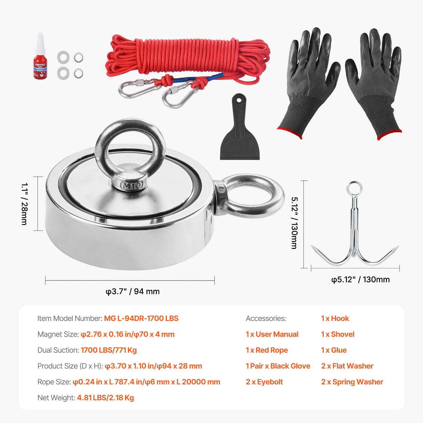 VEVOR Kit de Pesca con Imán de Doble Cara Fuerza de Tracción de 771 kg Kit de Pesca con Imán de Neodimio de Tierras Raras con Gancho de Agarre, Cuerda Resistente, Guantes y Perno de Ojo, Rojo