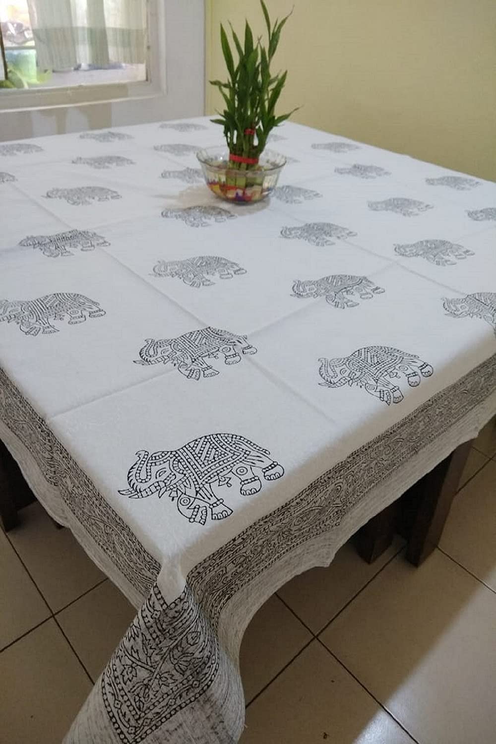 Moriyo Square 4 Seater Dinning Table Cover/Table Cloth /Table Protector Black Colour Baby Elephant Design Hand Block Printed With Natural Colour 100% Cotton Fabric Super Soft "60x60"Inc "152x152" Cm Tc 320