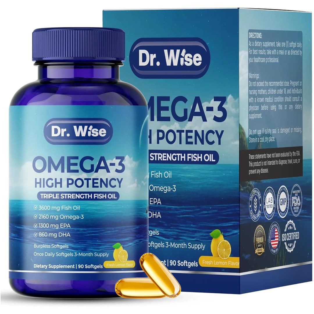 Triple Strength Omega 3 Fish Oil 3600mg – 1300mg EPA & 860mg DHA- Once Daily – Burpless Lemon Flavor, – Supports Heart, Brain, Joint & Eye Health – Wild Caught, Non-GMO, 90 Softgels, 3-Month Supply