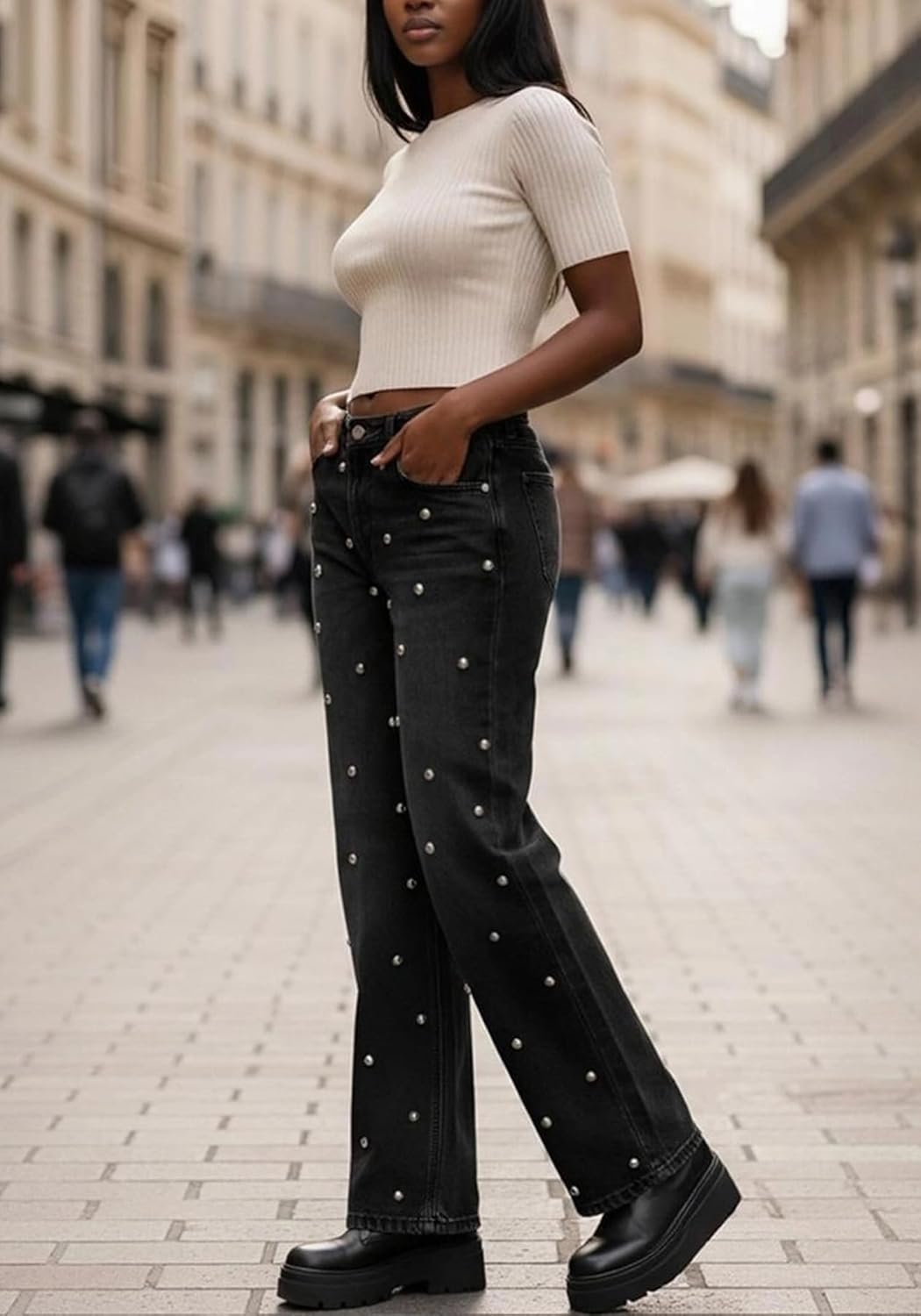 Unybwonn Women Straight Leg Jeans Rhinestone High Waisted Wide Leg Pearl Denim Pants Bling Glitter Studded Y2k Trousers
