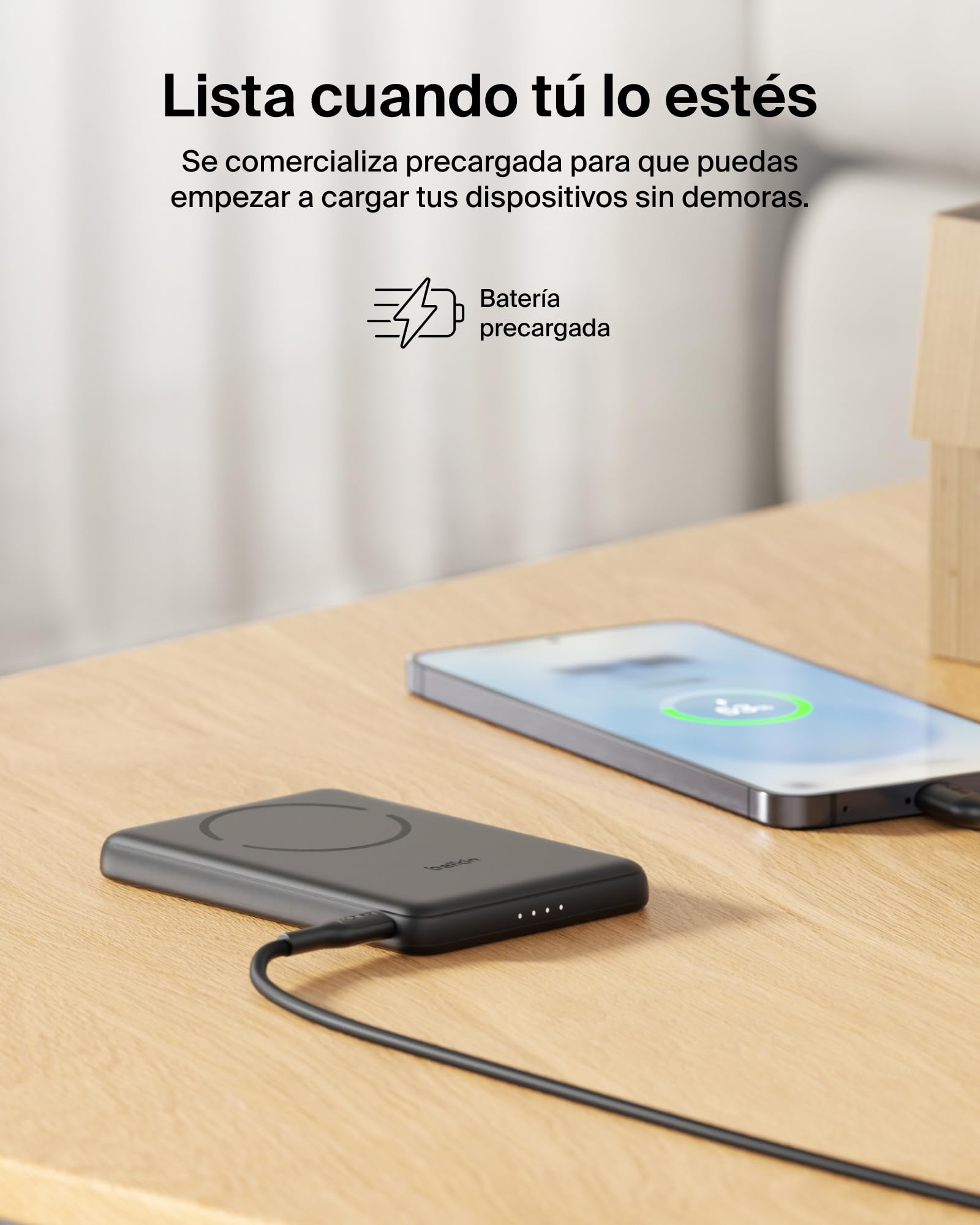 Belkin BoostCharge Batería Externa 5000 mAh con Anillo Magnético - Negro | Power Bank 5000 mAh, Anillo Magnético para Accesorios, 1 Puerto USB-C, Precargada y con Cable, Batería Portátil Inalámbrica