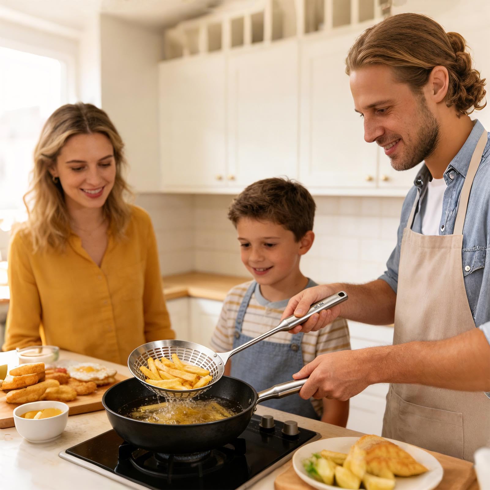 Schiumarola con Manico - Acciaio a fessure antiscivolo - Cucchiaio per Frittura Accessorio da Cucina | per Patatine, Verdure, Ravioli e Preparazione Cibi per Casa e Ristorante