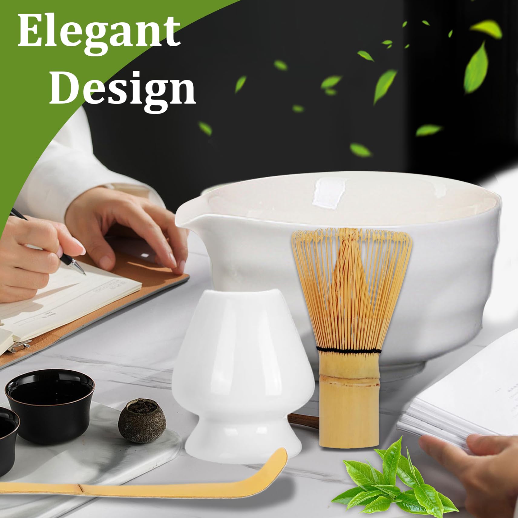 Matcha Garde Set Keramische Matcha Whisk Herbruikbare Matcha Set Elegante Matcha Kit Inclusief Matcha Bowl met Tuit, Matcha Garde Houder, Bamboe Garde en Bamboe Schep voor Theeliefhebbers, Wit