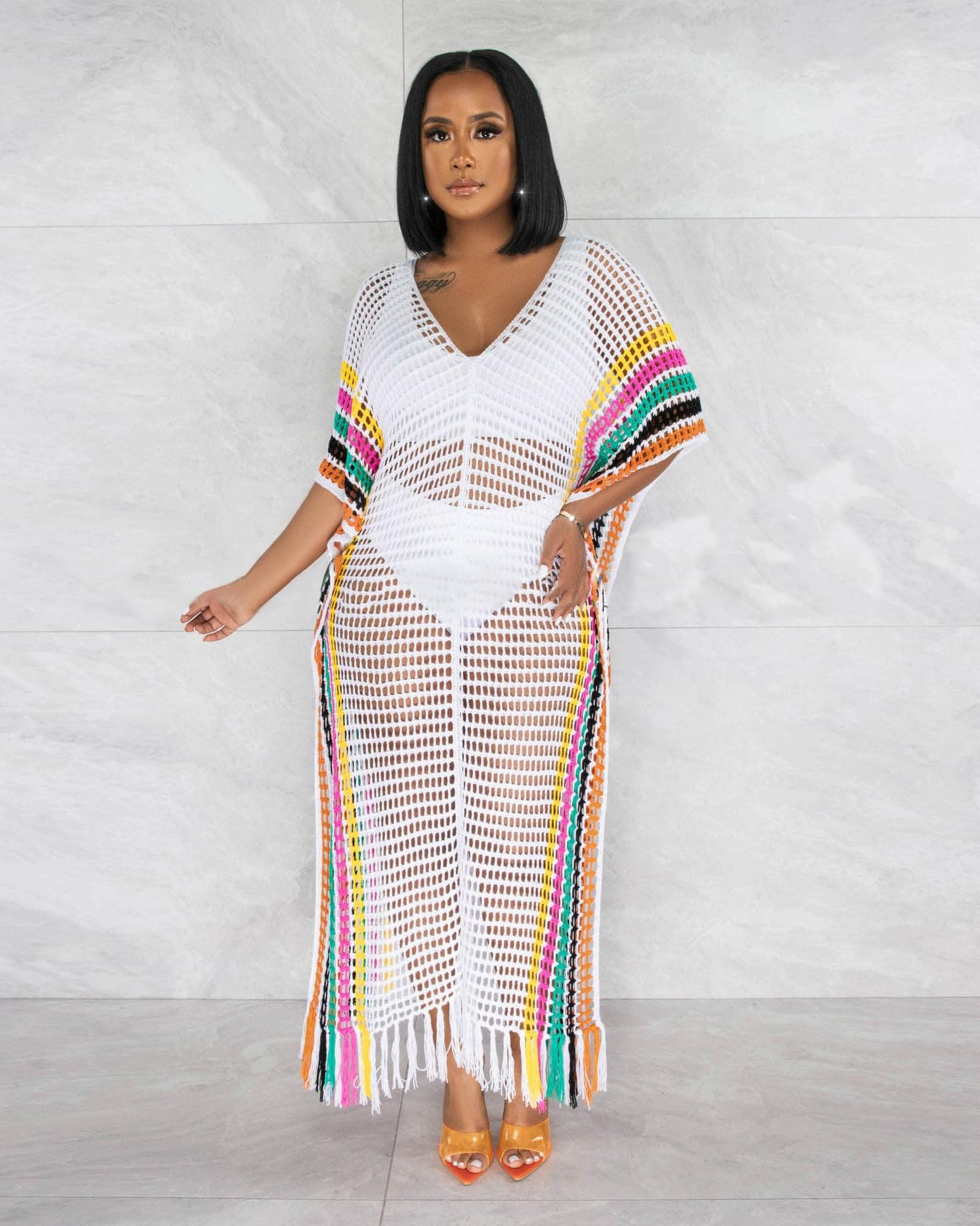 BFFBABY Costume da bagno da donna traforato all'uncinetto estivo da bagno in maglia a rete lungo maxi abito da vacanza