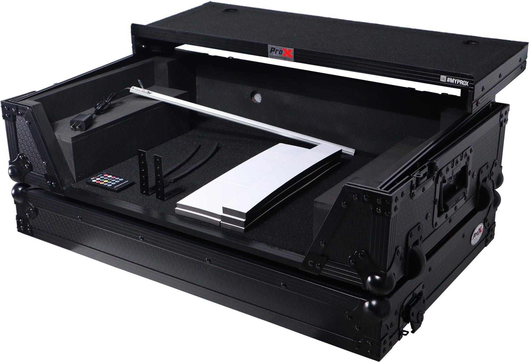 ProX XS-REV71K2U WLTBLLED ATA Style Flight Case for Pioneer DDJ-REV7 DDJ-1000 SRT DJ Controller with 2U Rack Space Laptop Shelf Wheels LED Black Finish