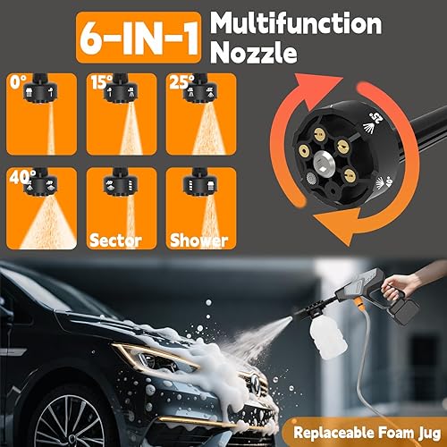 Miniatura 3 de Lavadora a Presión Inalámbrica, Lavadora a Presión Portátil de 800 PSI con Boquilla 6 en 1, Batería 2×4.0Ah y Manguera de 32.8 FT, Lavadora a