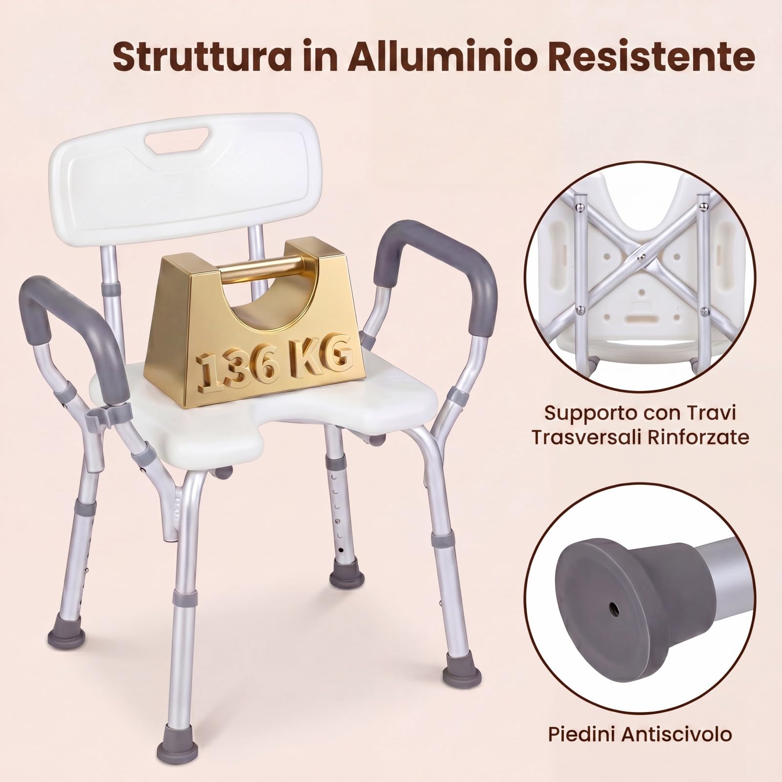 RELAX4LIFE Silla Ducha con Reposabrazos, Taburete Baño Ortopédico con 6 Alturas Ajustables, Soporte para Cabezal de Ducha, Marco de Alumnio, Asiento Antideslizante para Baño, Carga 136 kg