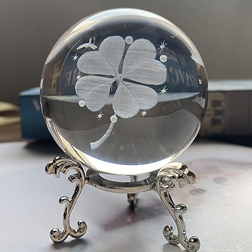 Miniatura 8 de HDCRYSTALGIFTS Bola de cristal de trébol de cuatro hojas de 2.4 pulgadas con soporte de floración chapado en plata, bola de vidrio Fengshui para