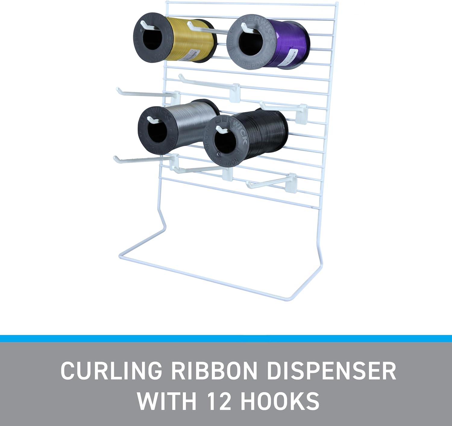 SSWBasics White Ribbon Organizer/Dispenser and 12 Hooks - Premium Ribbon Holder and Crafting Storage Solution - Ideal Ribbon Storage Organizer for Home and Office Use - 12" W x 15" H