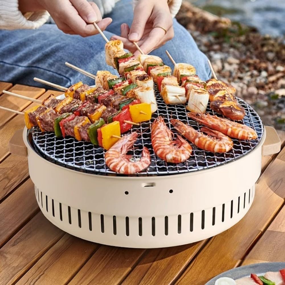 Griglia per barbecue senza fumo, multifunzionale per stufe a legna, per cucinare, campeggio, vacanze, estate, da tavolo, piccolo barbecue (beige)