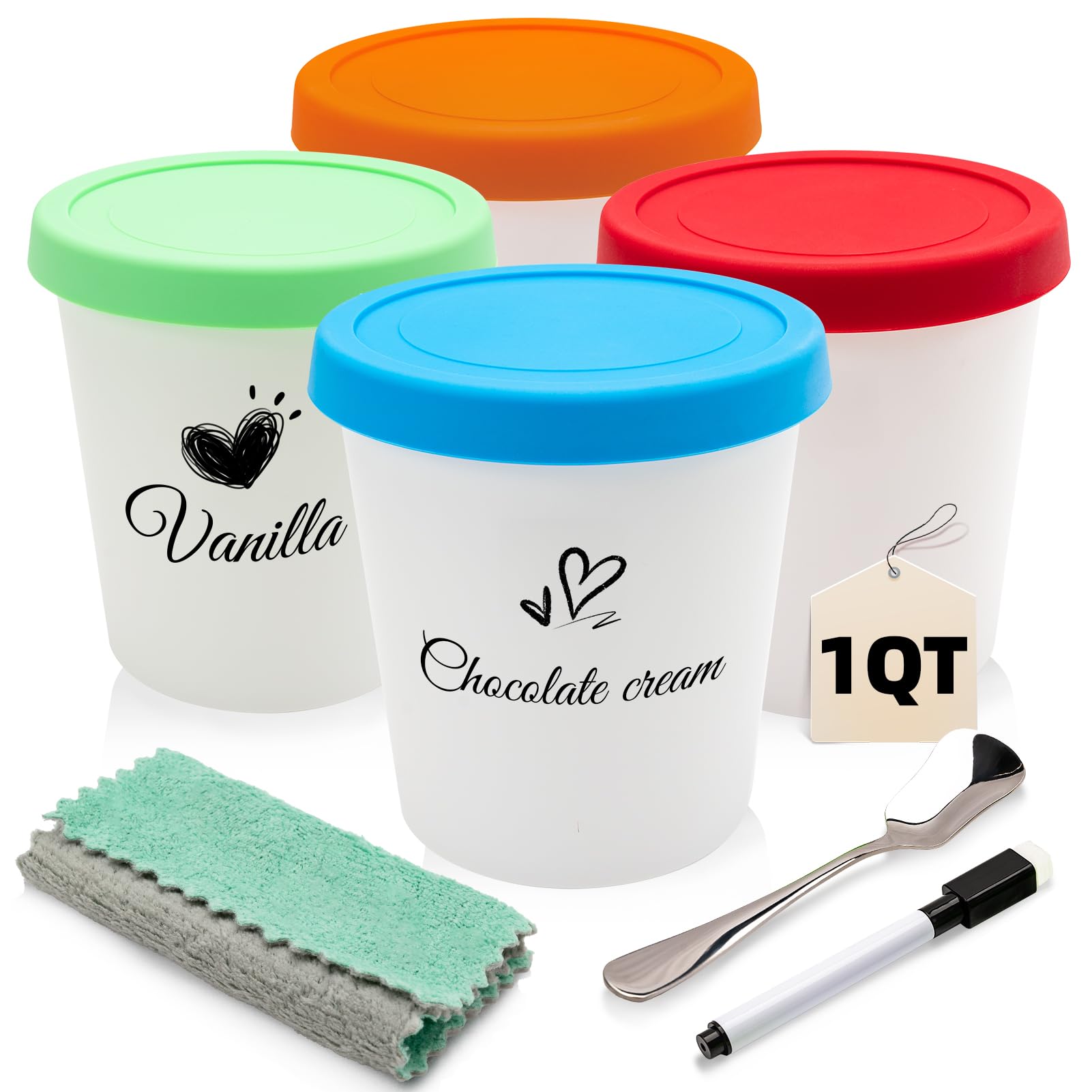 Belle&Beau 4 Pack Ice Cream Containers Set (1 Quart Each) with Silicone Lids, Ideal for Homemade Ice Cream, Sorbet, and Gelato, Dishwasher Safe, Includes 2 Erasable Markers, 1 Scoop, and 1 Cloth