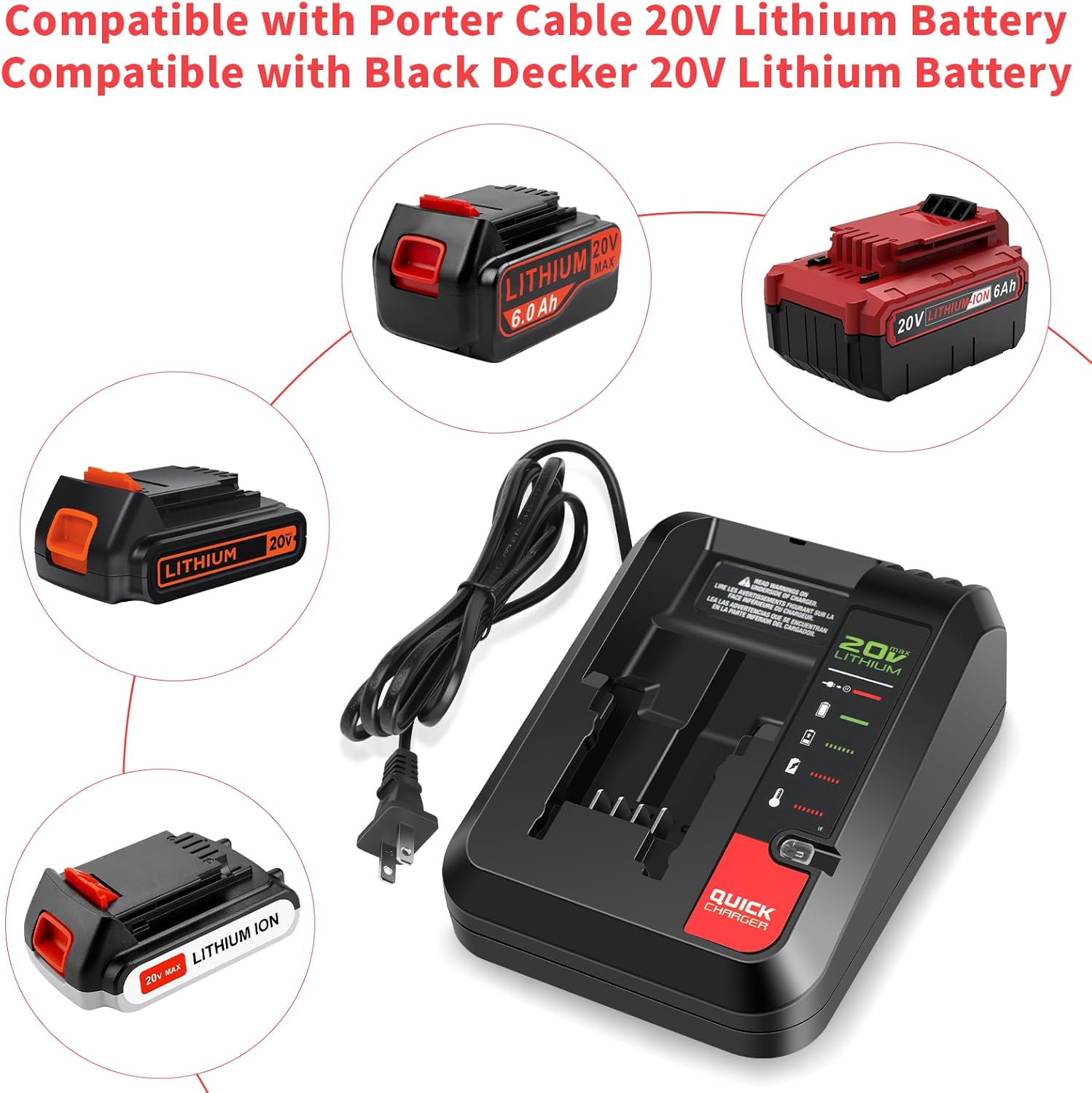 Battery Charger for Porter Cable 20V MAX Lithium Battery PCC685LP PCC680L PCC692L PCC699L and Black Decker 20V Battery LBXR20 LBX4020 - Image 4