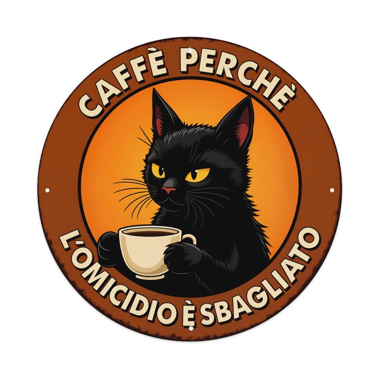 Black Cat Holding Coffee Cup Round Tin Sign Vintage Style Metal Sign Home Bar Garden Wall Plaque Decor Metal Poster 8x8 Inch