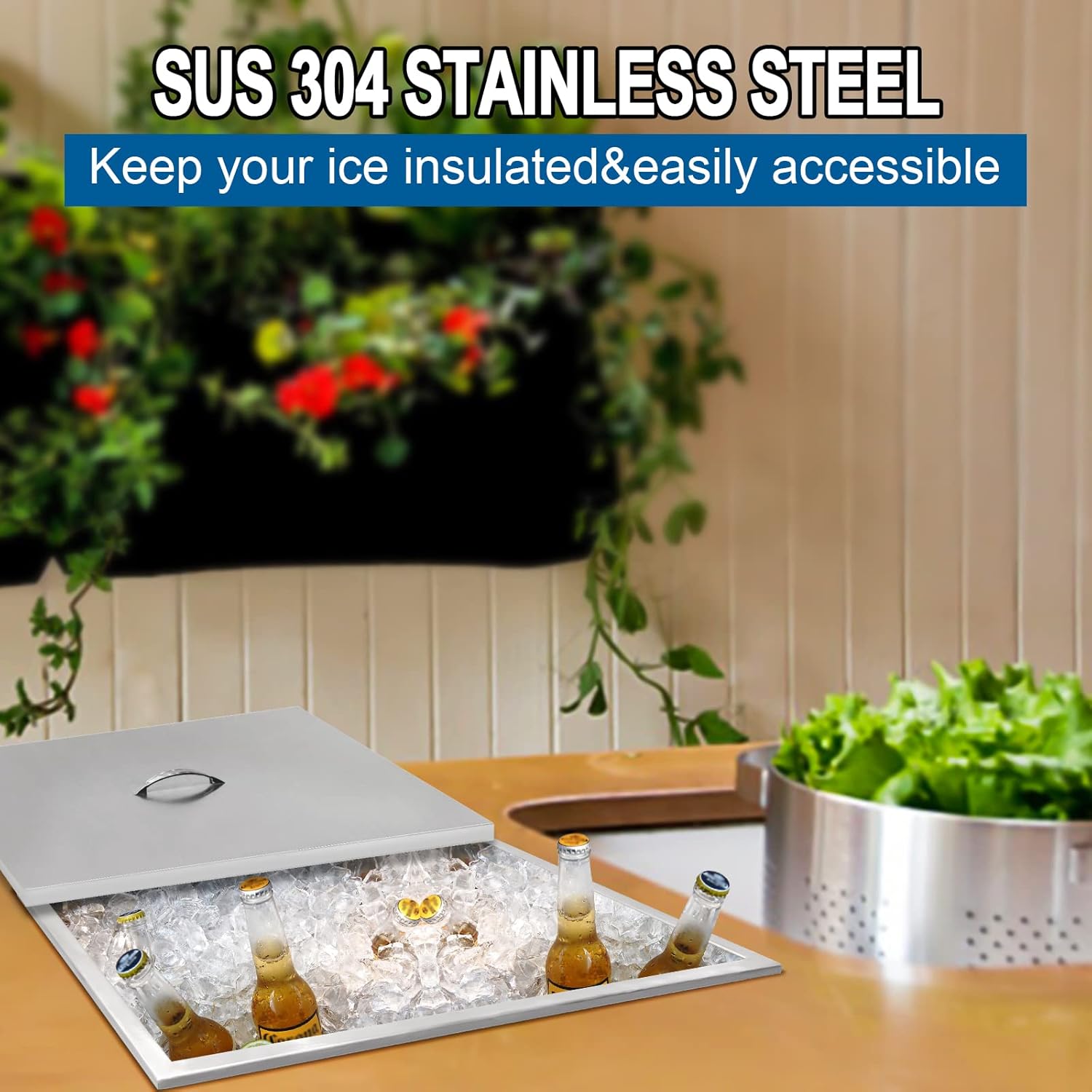 Drop in Ice Chest with Cover Stainless Steel Ice Cooler Included Drain-Pipe and Drain Plug Drop in Ice Bin Outdoor Kitchen for Cold Wine Beverage