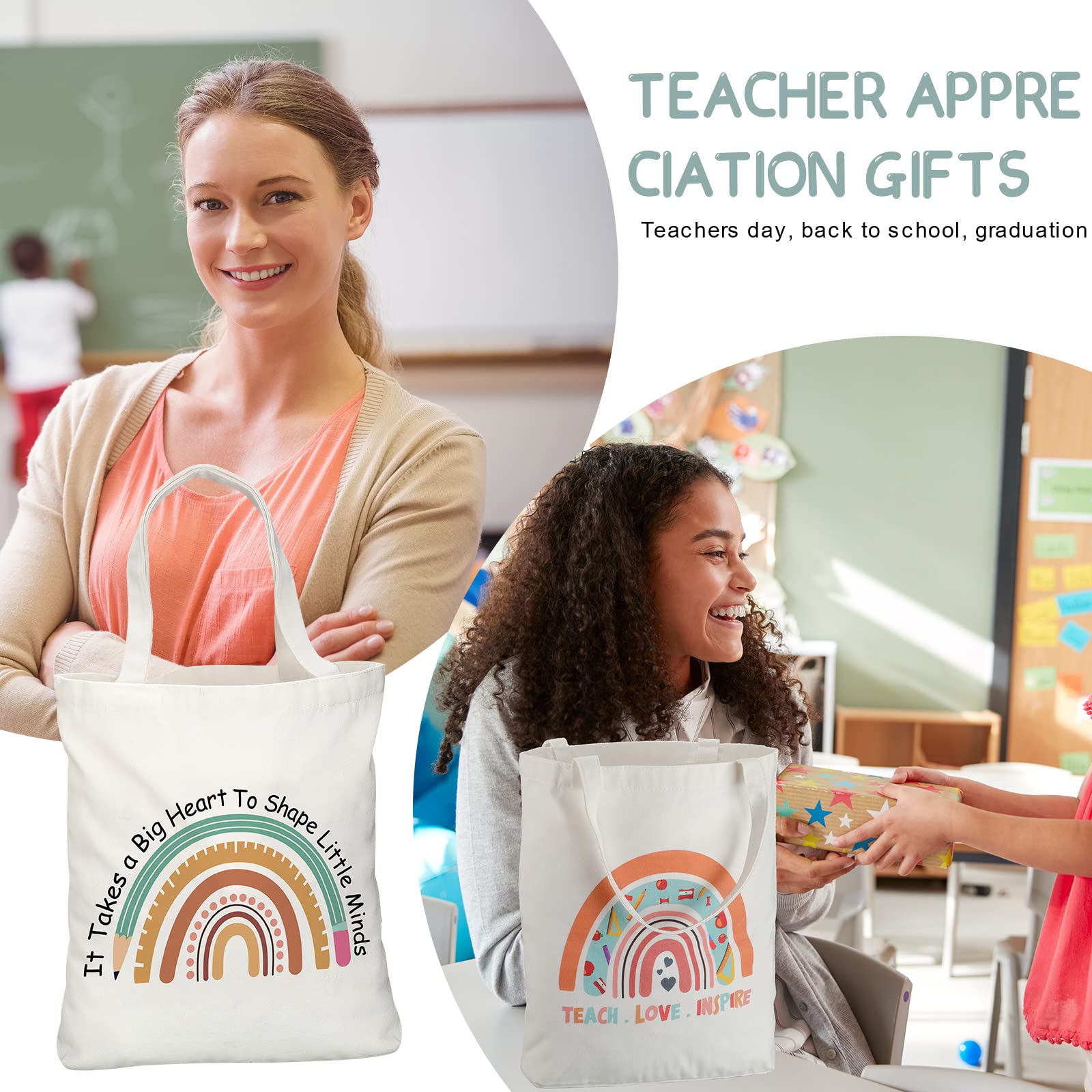 Mixweer 4 Pcs Teacher Appreciation Gifts Bags Teacher Canvas Tote Bags for Women Christmas School Supply(Rainbow Style)
