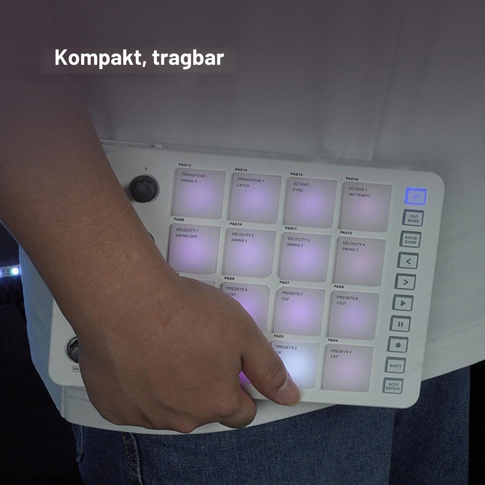 Drahtloser MIDI Pad Controller mit 16 RGB Anschlagdynamik Pads | 8 zuweisbare Drehregler Bluetooth Verbindung USB MIDI Ausgang Typ C Studio Bühne