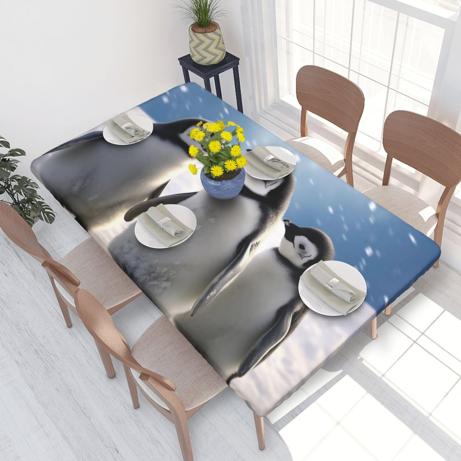 DCARSETCV Young Penguins With Snow Printed 4FT Waterproof Tablecloth with Elastic Edged Protect & Decor Your Table, Oil-proof Washable Table Cloth Cover for Dinner Picnic Party