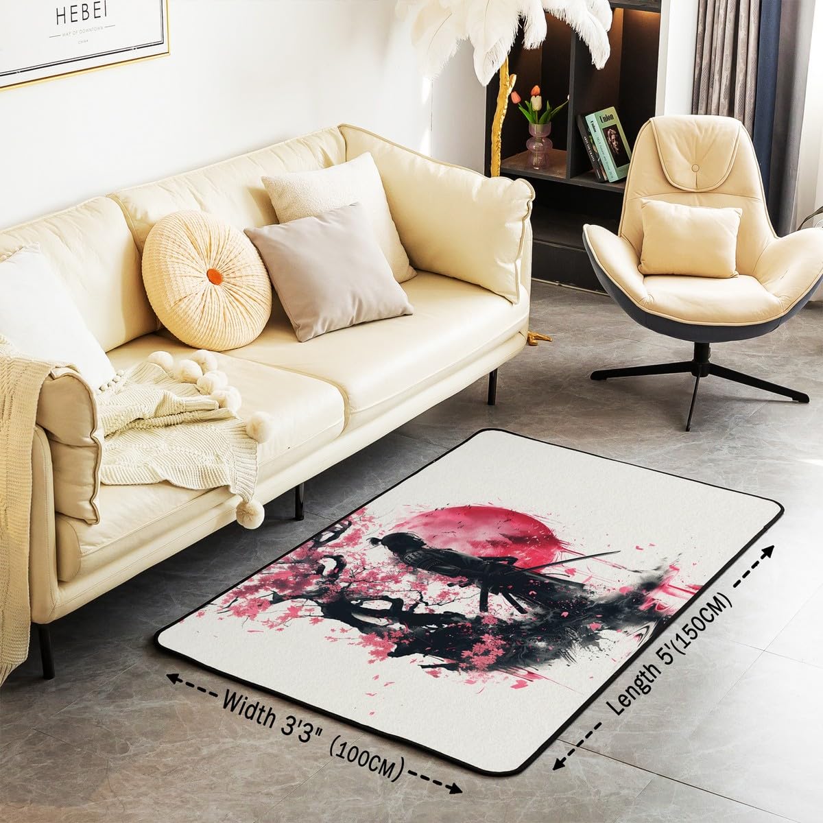Homewish Style Japonais Tapis Salon Anime Japonais Samouraï Tapis 100x150 Sakura Red Sun Tapis Intérieur et Extérieur Encre Noir Rouge Tapis Décoratif Apanese Ukiyo E Salon Tapis