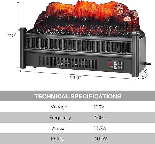 Miniatura 5 de Tangkula Calentador eléctrico de leña para chimenea de 23 pulgadas, inserto de estufa eléctrica independiente de 1400 W con llama realista, cama de