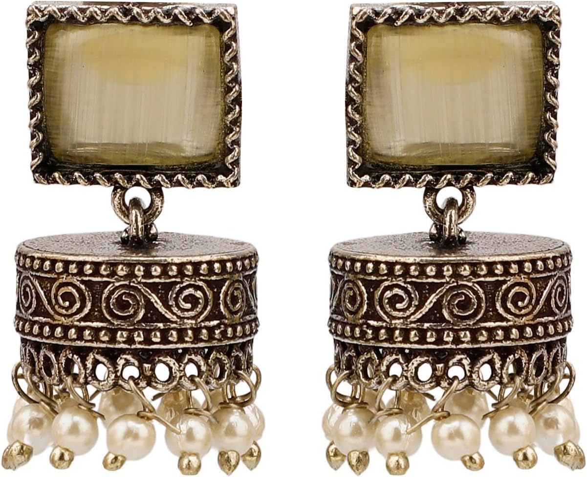 Efulgenz Oxidized Boho Bohemian Antique Statement Indian Earrings for Women Square Stud Crystal Faux Pearl Jhumka Jhumki Earrings Set Indian Oxidized Jewelry Dangle Jhumka Earring Jewelry for Women