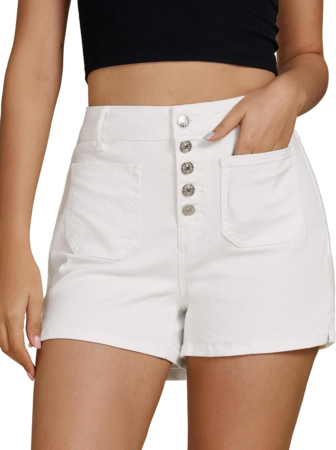 luvamia Jean Shorts Womens High Waisted Trendy Button Fly Patch Pocket Side Split Casual Summer Stretchy Denim Shorts