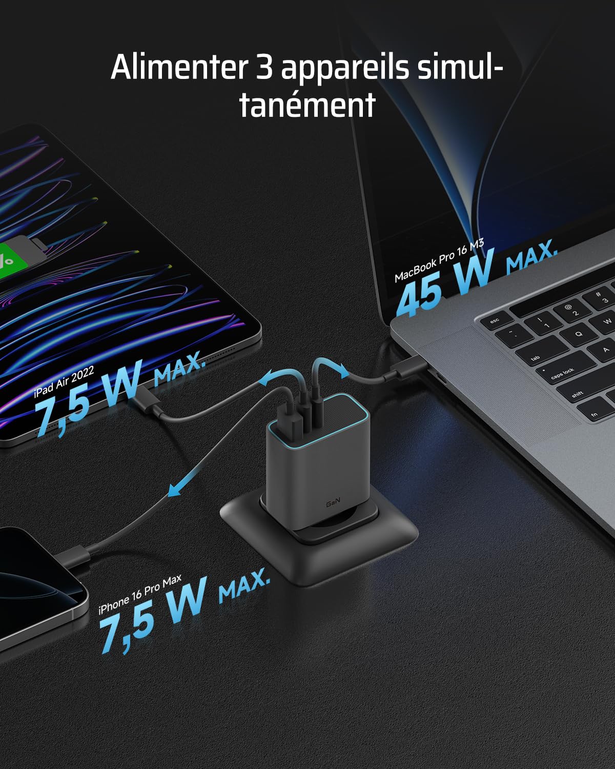 CUKTECH Chargeur USB C 65W, 3 Ports GaN III et PPS PD3.0 Chargeur Rapide, Chargeur 65W USB C Rapide Compatible avec MacBook Air/Pro, iPad Pro, iPhone 16/15/14/13, Samsung S24/S23, Xiaomi