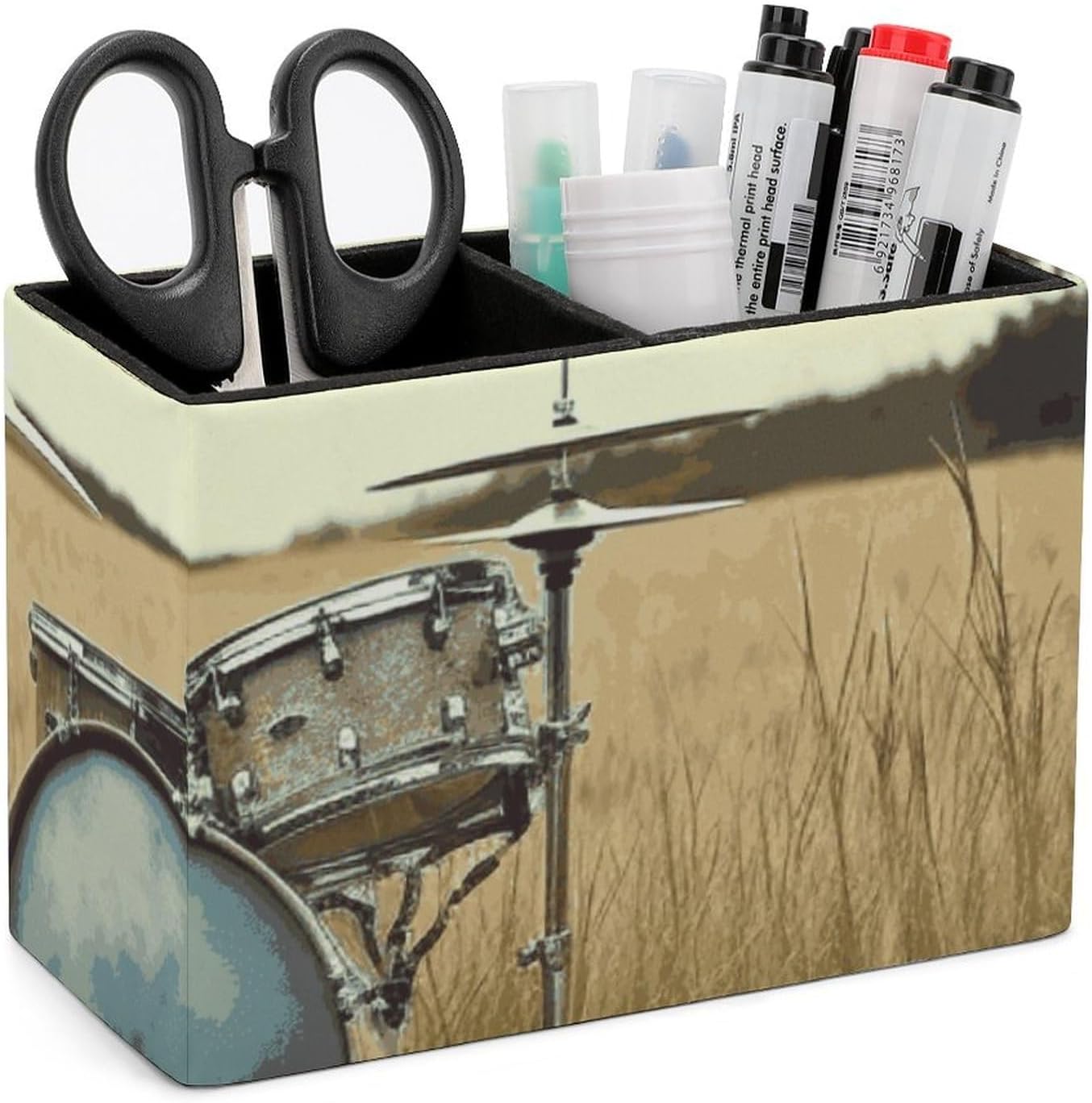Music Drum in Field Printed Premium Leather Pen Holder: Double Compartment Design Keeps Your Desk Neat And Tidy (home And Office)