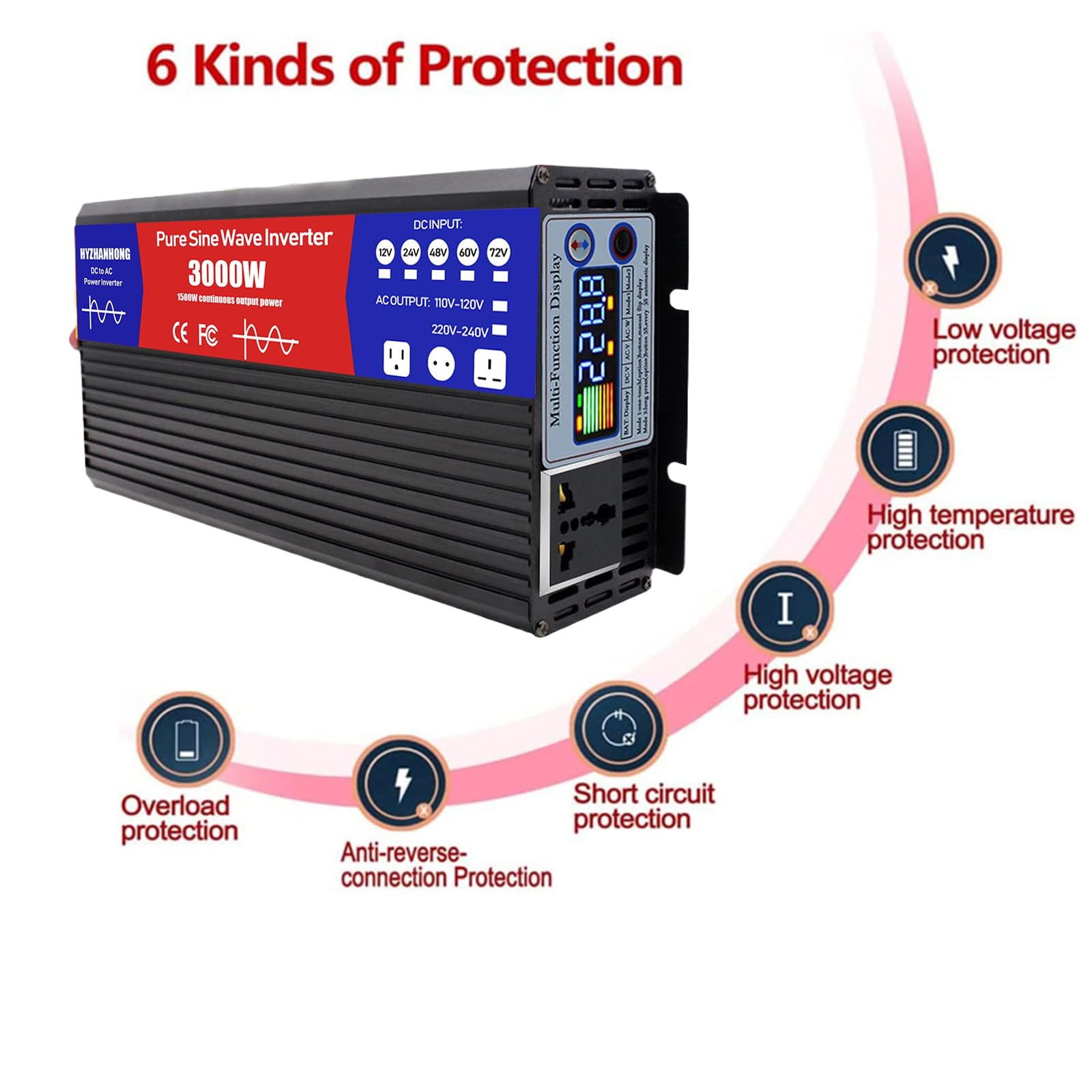 3000W 12V 24V 48V 60V 72V Samochodowy Inwerter Wielofunkcyjny