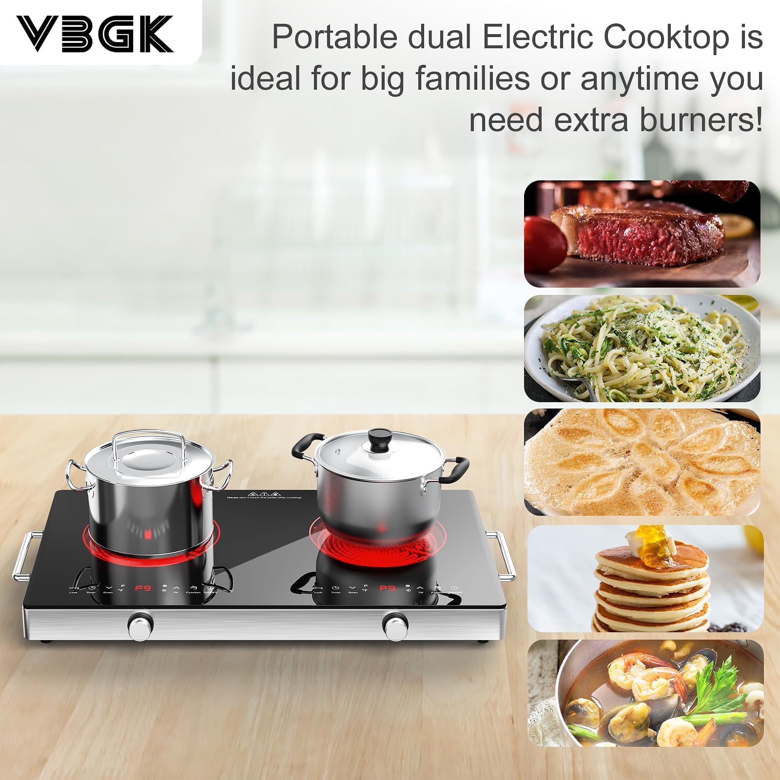 VBGK Piano Cottura in Vetroceramica, 220V 3520W 9 Livelli di Potenza, Blocco Bambini e Timer, Comandi Touch A Led, Protezione Contro Il Surriscaldamento, Piano Cottura Elettrico con 2 Zone di Cottura