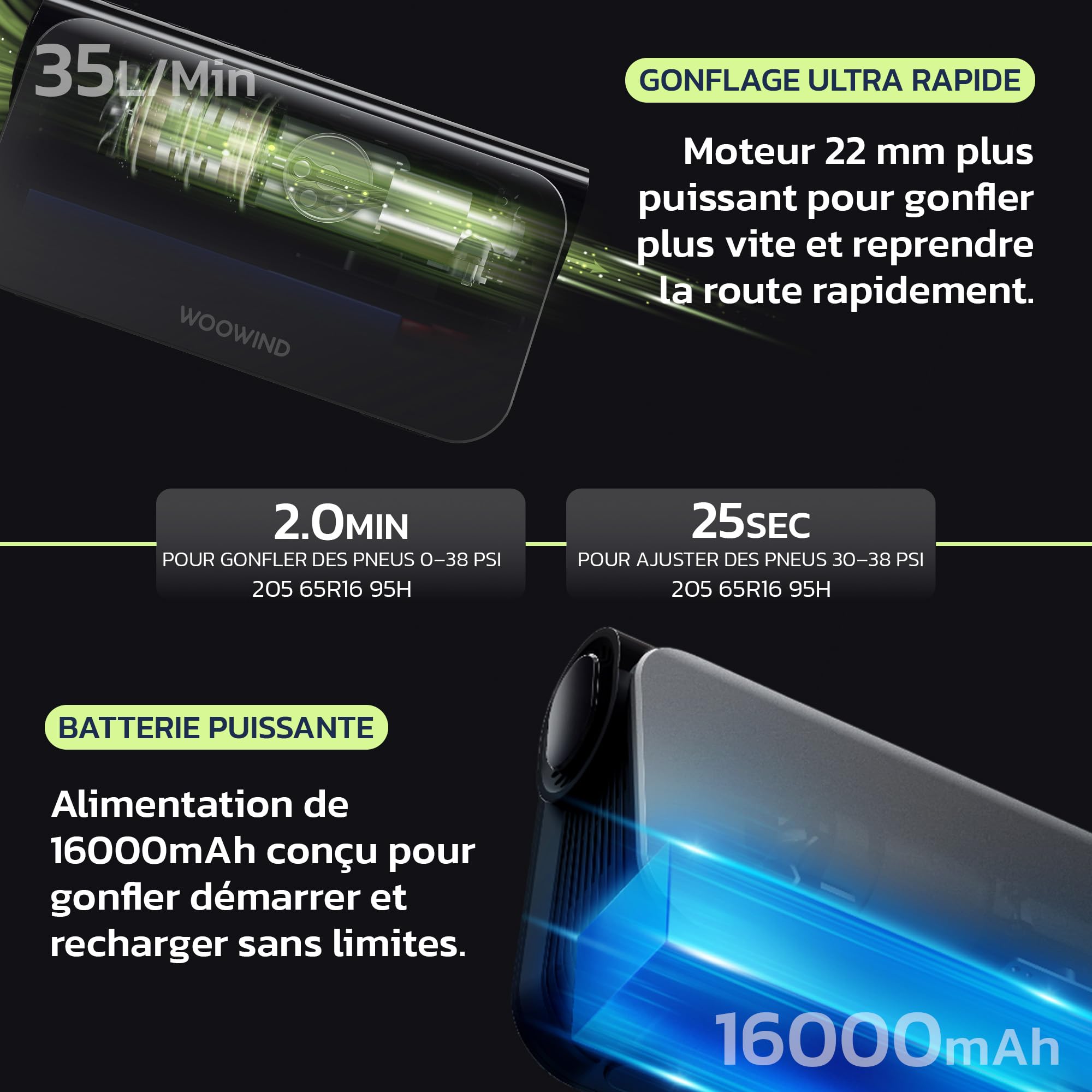 Woowind Booster Batterie, Gonfleur, 65W Power Bank, 16000mAh, 10,3 BAR | Démarreur Voiture, Power Bank 65W, Booster Batterie 12V, 16000 mAh, Lampe LED