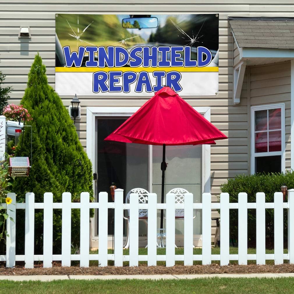 Vinyl Banner Multiple Sizes Windshield Repair Advertising Printing Automotive Outdoor Weatherproof Industrial Yard Signs Blue 4 Grommets 16x40Inches