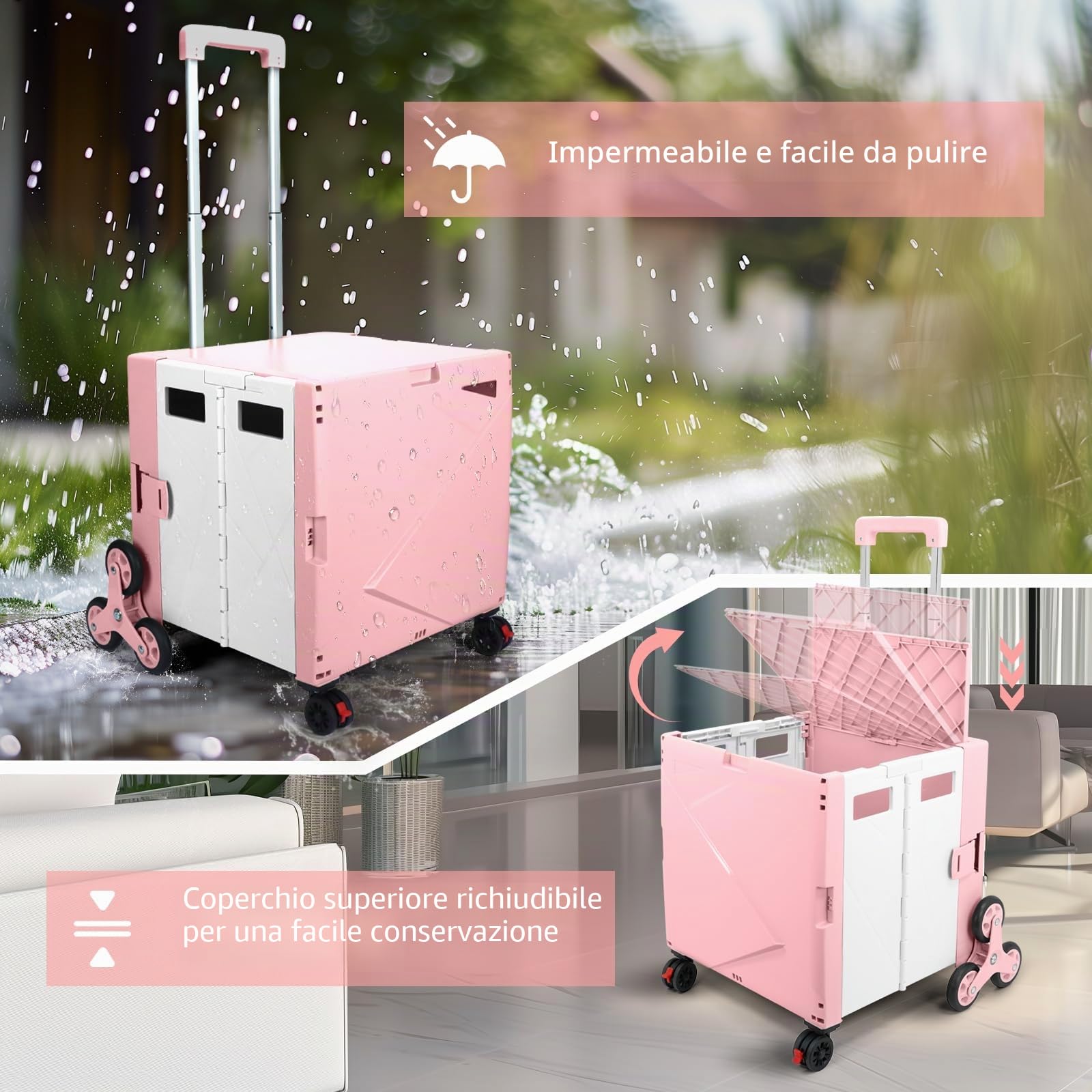 LexonElec x SELORSS Carrello della Spesa Pieghevole con Ruote Saliscale, Manico Telescopico Regolabile in Alluminio e Coperchio, Scatola Utile Pieghevole, Carrello Portatile, 90KG/76L - Rosa Bianco