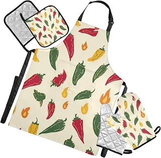 OTVEE Colorful Chili Pepper Pattern Kitchen Apron Sets,Heat Resistant Kitchen Gloves and Silicone Non-Slip Potholders Adjustable Neck Buckle Apron for Kitchen Cooking BBQ