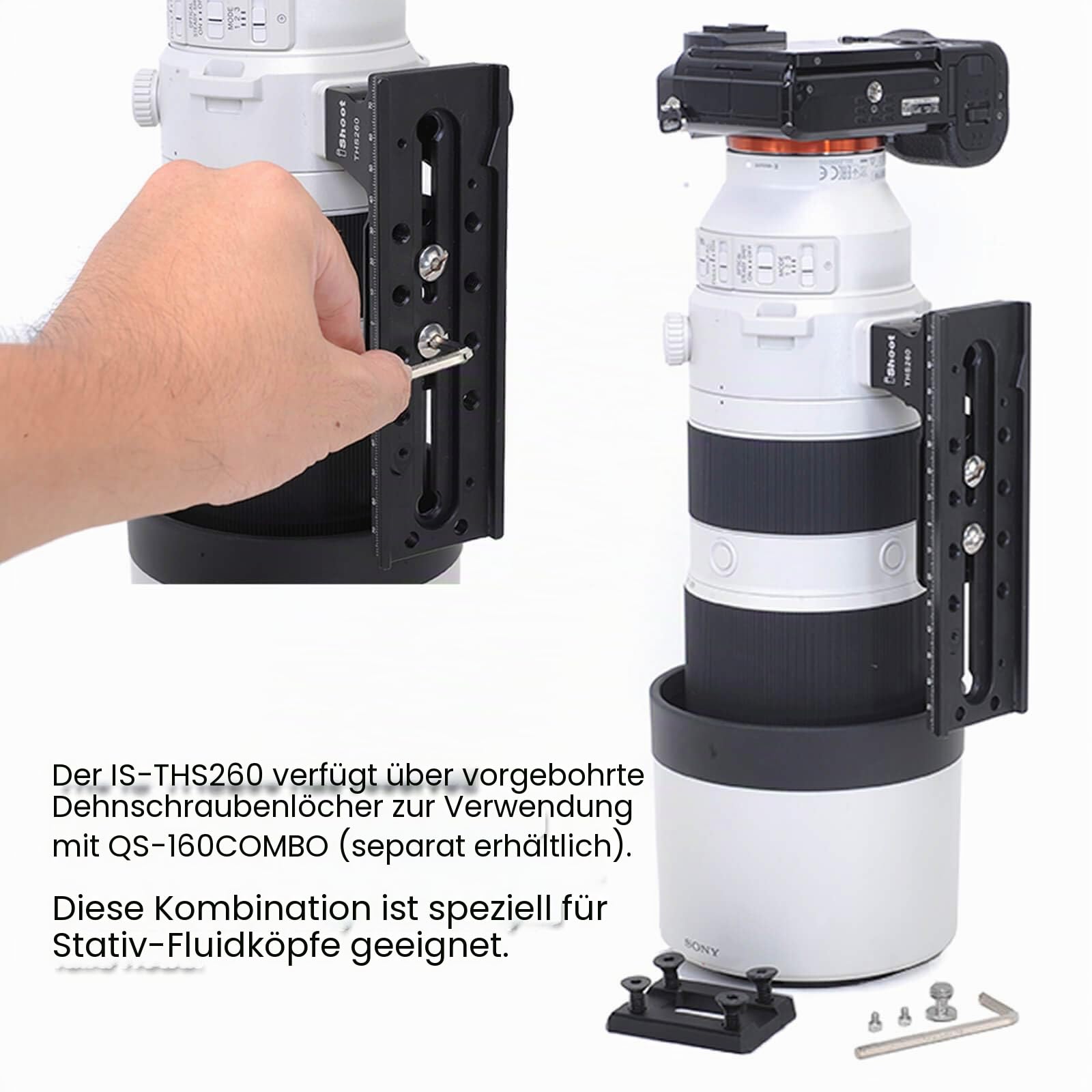 iShoot Ersatz-Objektivfuß IS-THS260 für Sony FE 200–600 mm f/5.6–6.3 G OSS Super Telezoom-E-Mount Objektiv SEL200600G – Arca-Swiss Style – integrierte 105 mm Länge Schnellwechselplatte