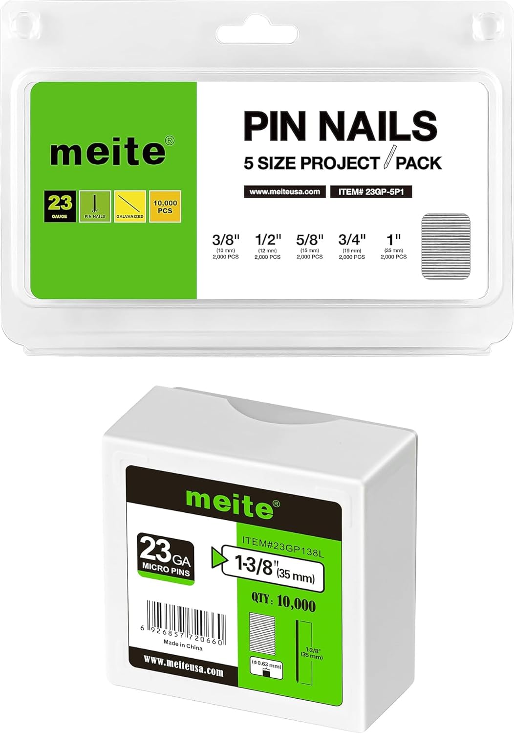 meite 1-3/8" Galvanized 23 Gauge Pin Nails - 10000 Counts and Assorted 6 Sizes (1/2", 5/8", 3/4", 1", 1-3/16", 1-3/8") Galvanized Pin Nails - 6000 Counts