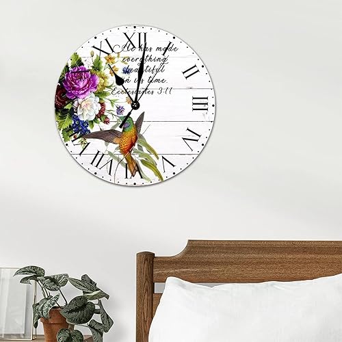 Miniatura 156 de ArogGeld He Made Everything Beautiful - Reloj de pared de PVC con flores rosadas, colibrí, reloj de pared grande con cita y números romanos, reloj